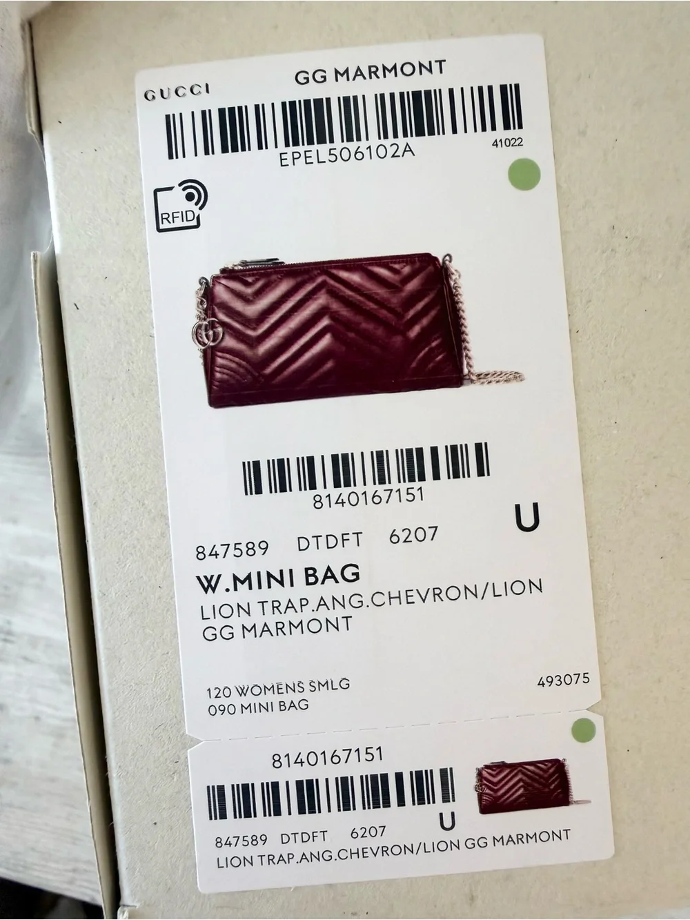 New Gucci Marmont GG leather small bag with chain, burgundy